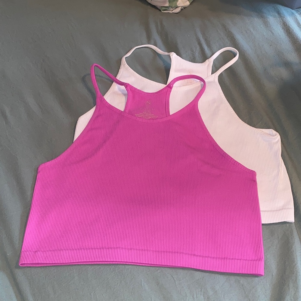 Ribbed Spaghetti-Strap Crop Top Duo in Hot Pink & White
